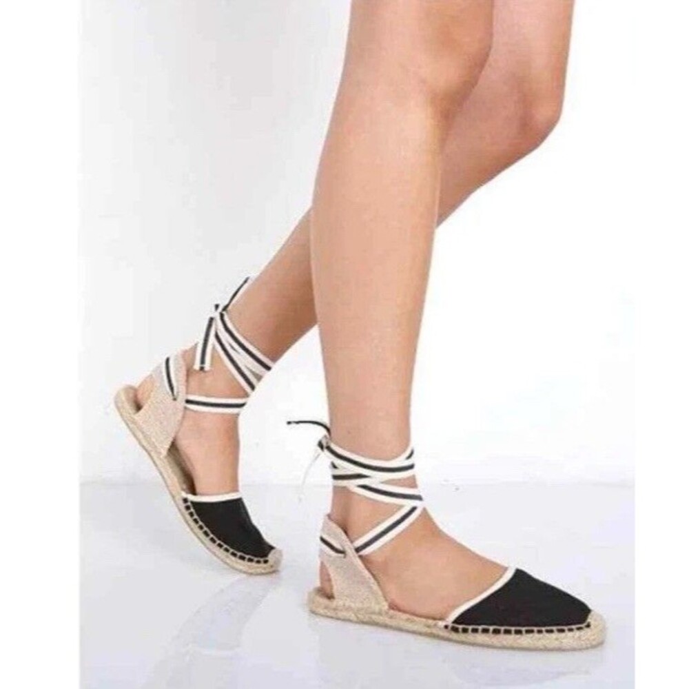 SOLUDOS Lauren Lace Up Espadrille Sandals Ankle Wrap Black Linen Women’s Size 8